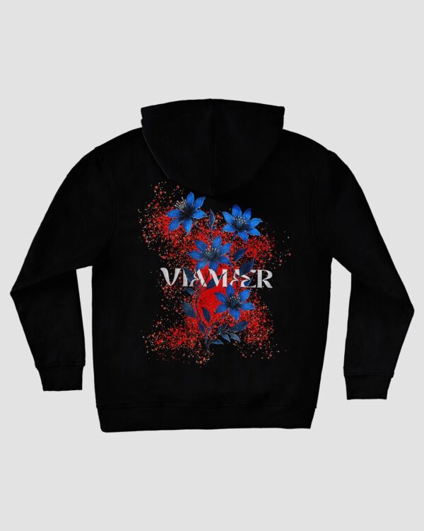 Black hoodie with blue flowers and Viamaer logo on the back