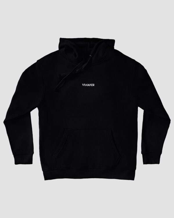 Black hoodie with small Viamaer logo on the chest