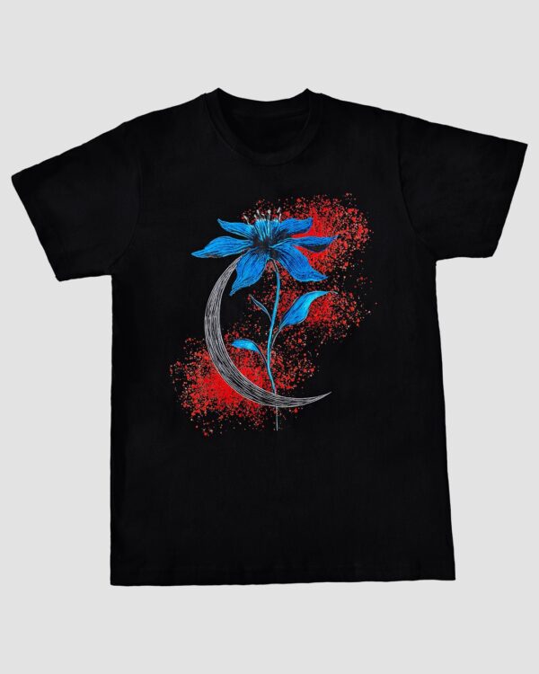 Black t-shirt with blue flower and crescent moon